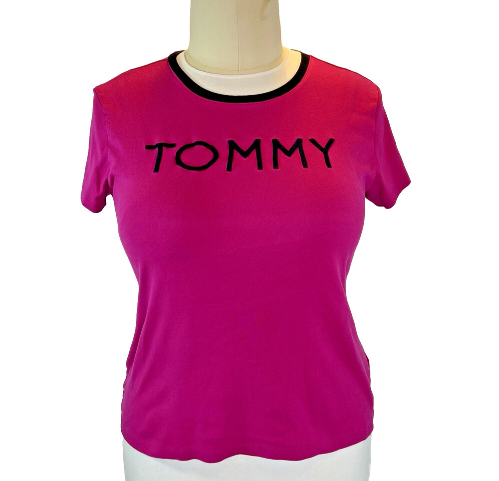 Tommy Hilfiger Women's XXL Logo Ringer Tee Dark Pink and Black Trim T-shirt